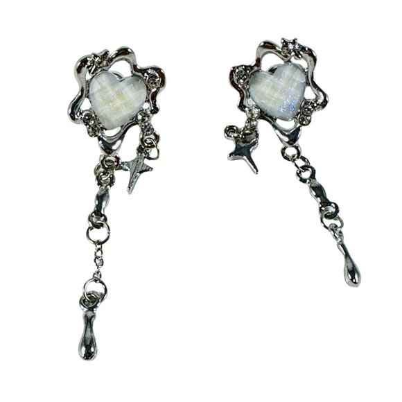 Dripping Goth Glam Silver-tone pierced earrings with opal style hearts NEW - Picture 5 of 5